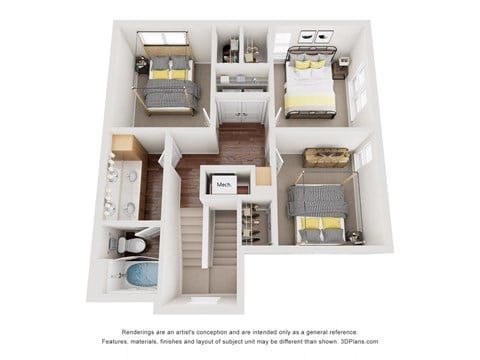 Floor plan for 4 beds, 2 baths, 1313 sqft